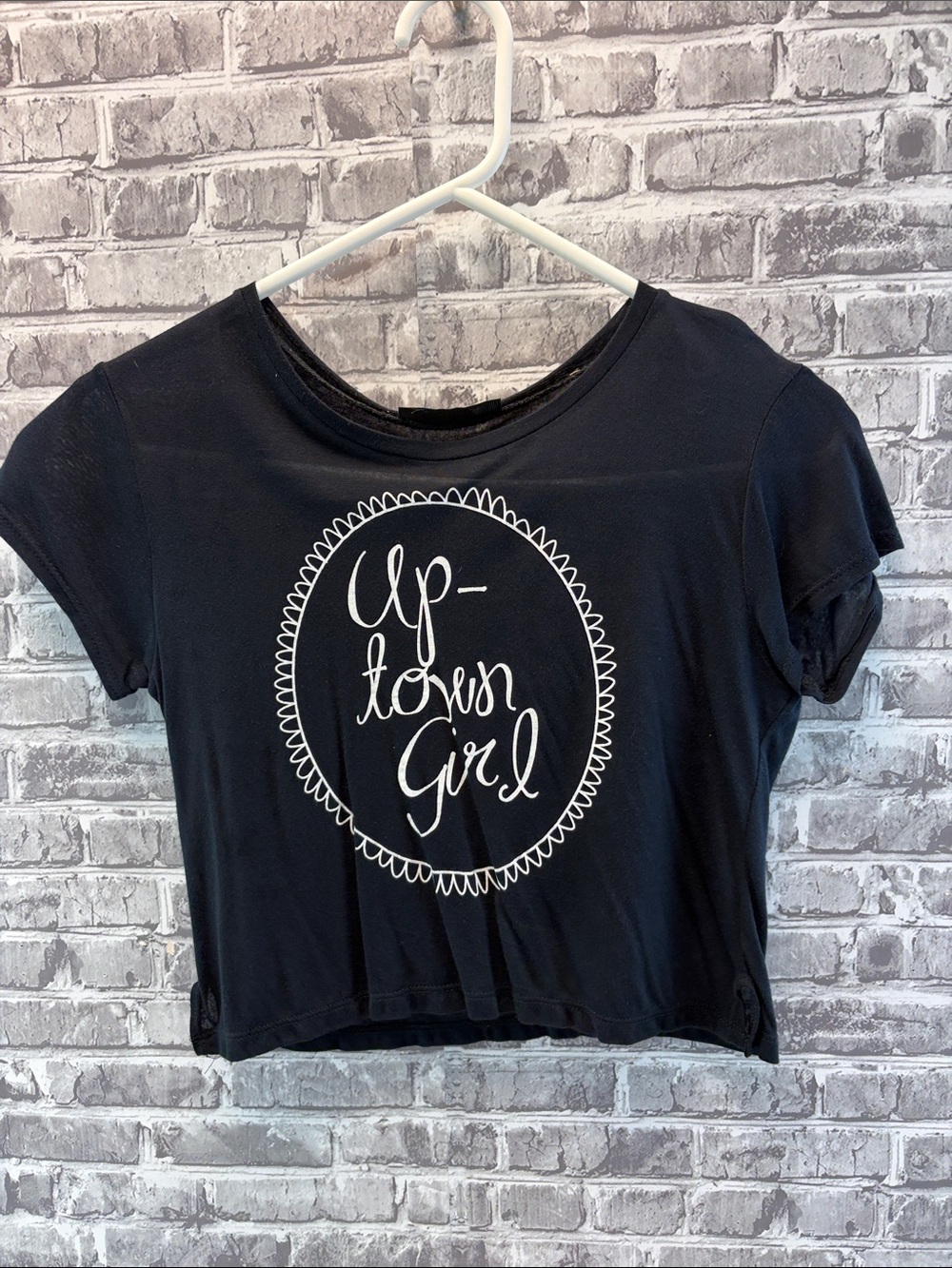 Double Zero Black Crop Tee with White 'Up-Town Girl' Graphic